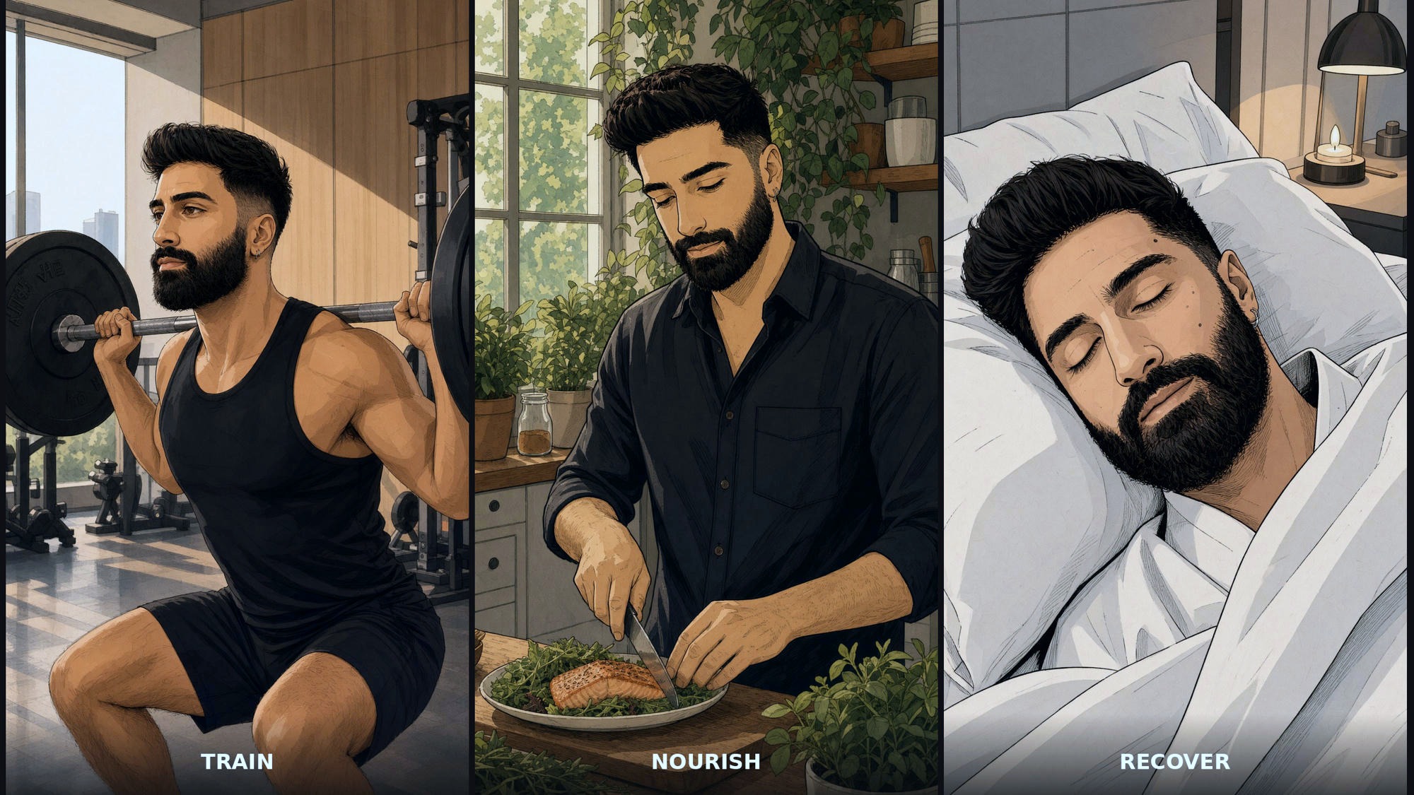 Illustration: Training, Ernährung und Erholung als Säulen der Langlebigkeit